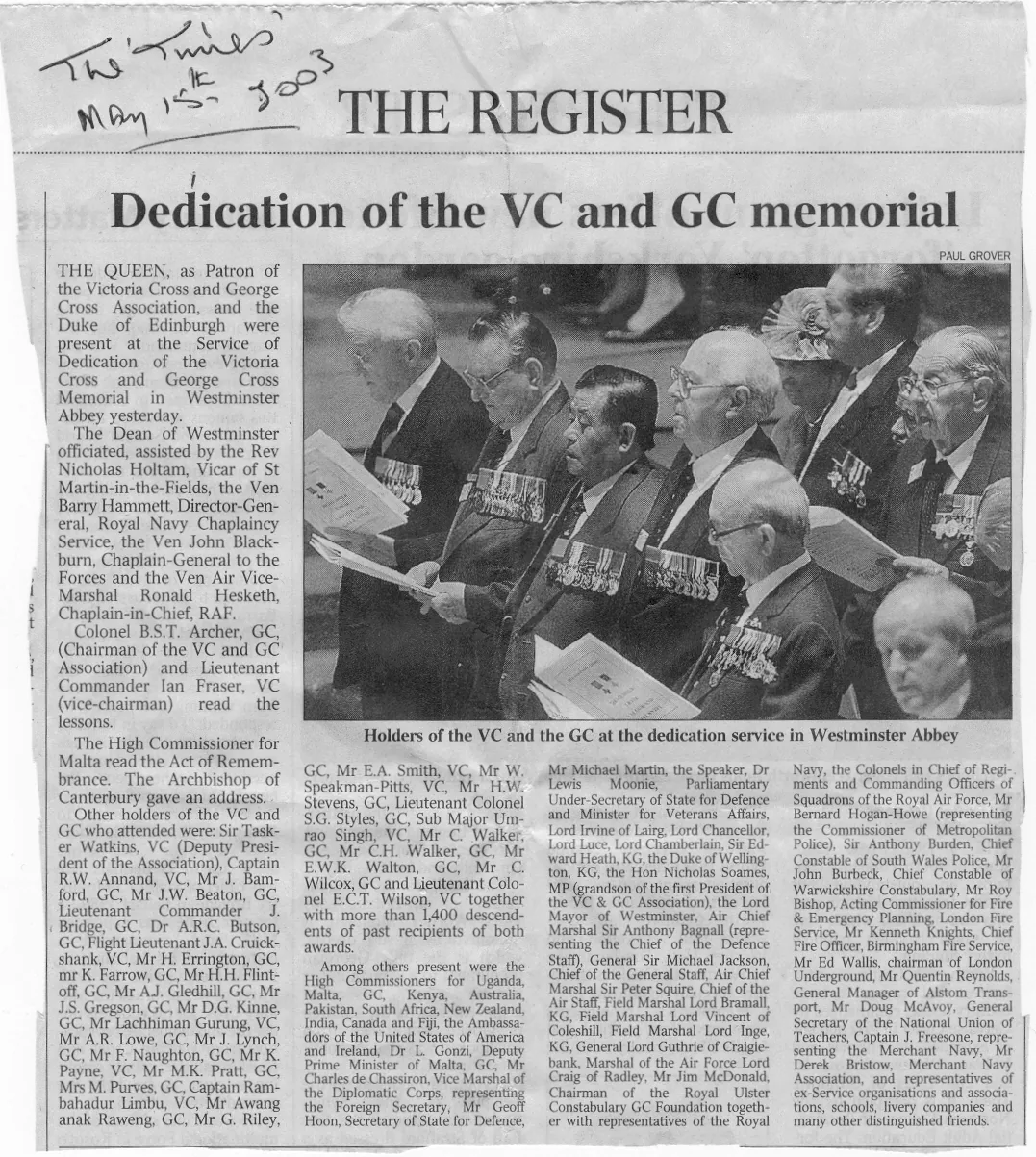 VC and GC Memorial Dedication, Westminster Abbey 2003