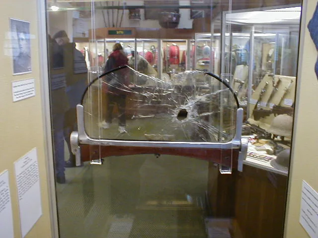 Capt. Albert Ball's Windscreen with bullet hole (Nott's Castle)